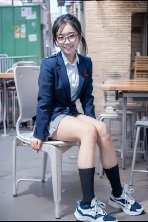  female middle school student sitting chair,uniform,navy blue blazer,grey pleated micro mini skirt, red student ribbon of a smiling Taiwanese,half knee length navy blue knee-high socks,Sneakers,black hair ponytail,glasses,Taiwanese girl,