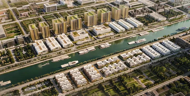 aerial view, cityscape by the canal, modern villas, modern apartment buildings, bright commercial building in the middle, some barges on the canal