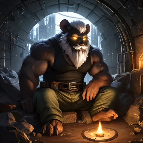 A mutant anthropomorphic bearded mustached black rat, with giant globulous oversized bright white glowing eyes, sitting on a rock int the total darkness (black fur, detailed, realistic, is 1.6 meters tall, small, white bearded, white mustached, white hair,...