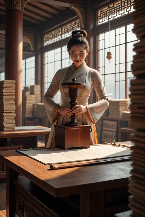 **Prompt:** Create a hyper-realistic ultra-wide illustration that encapsulates a prehistoric Chinese female publisher deeply engaged in her craft, operating a large wooden printing stamp press board on a pristine sheet of ancient paper. This composition sh...