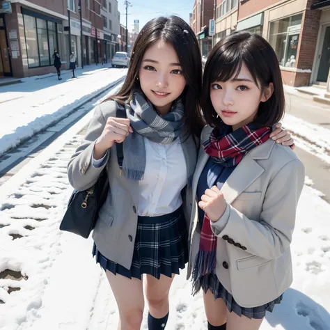 (Perfect Anatomy:1.5)、(Two high school girls :1.9)、(Push up your right fist:1.5)、( has a bright smile:1.5)、( detailed brown eyes )、(short bob black hair)、(school bag:1.5)、(light grey school coat:1.5)、(White t-shirt with front buttons with collar and navy b...