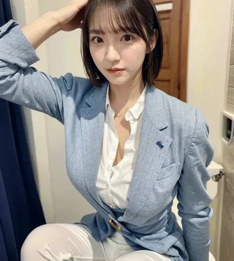  takes a selfie in the toilet、 White inner shirt 、 black suit、high image quality 、 ULTRA DETAIL、 Photorealistic、  Realistic and Accurate Depiction  、High Resolution、 top quality、  Japanese、 beautiful girl、lean forward with a realistic and accurate human bo...