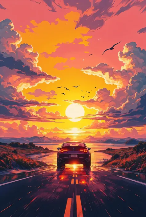  one car runs towards sunset(4wd)'Art, Sports car roof,The road continues to the west,emphasizes the perspective ,, the near west, back,、the far, spreading part,, . The west is reflected on the ground or the water floor(the path of light,)build,waves that ...