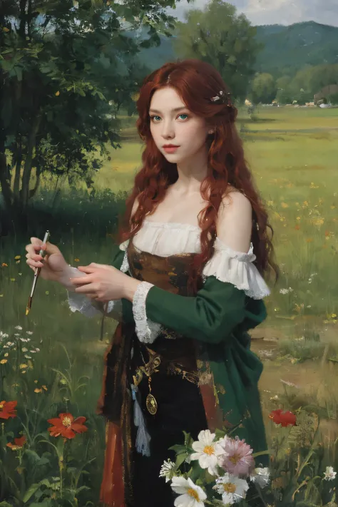 (oil painting:1.5),
\\
a woman with (red long curtly hair ), ((green eyes))  in a field with piones flowers, (amy sol:0.248), (stanley artgerm lau:0.106), (a detailed painting:0.353), (gothic art:0.106)