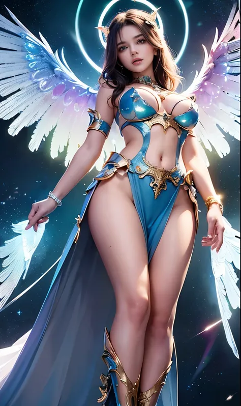 (best quality, masterpiece, colorful, dynamic angle, from below, highest detailed)upper body photo, full body photo, fashion photography of cute mechangel, glowing 4 wings, solo, glowing armor, glowing halo, building, glowing mechanical 4 wings (intricate ...