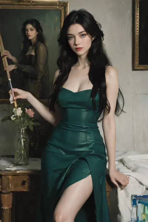 (oil painting:1.5),
\\
a woman with (long curtly hair ), ((green eyes)) winter, peony, (amy sol:0.248), nude , with blue dress,  (stanley artgerm lau:0.106), (a detailed painting:0.353), (gothic art:0.106)