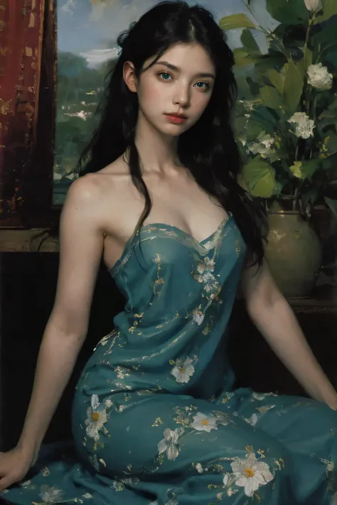 (oil painting:1.5),
\\
a woman with (long curtly hair ), ((green eyes)) winter, peony, (amy sol:0.248), nude , with blue dress,  (stanley artgerm lau:0.106), (a detailed painting:0.353), (gothic art:0.106)