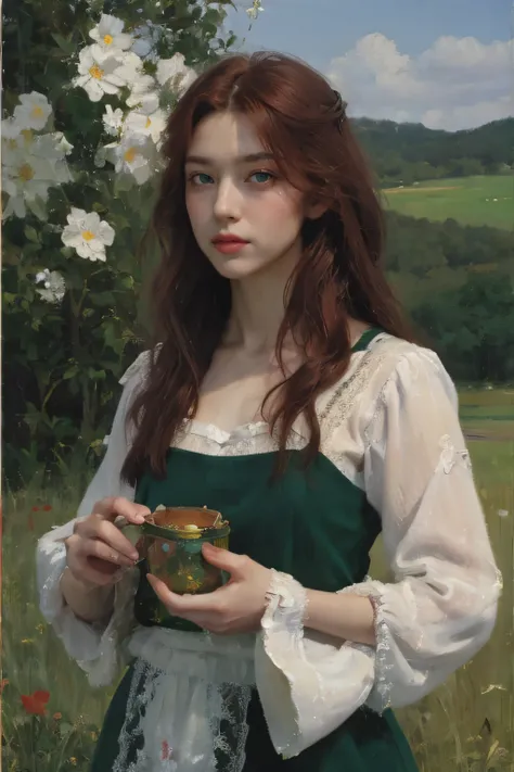 (oil painting:1.5),
\\
a woman with (red long curtly hair ), ((green eyes))  in a field with piones flowers, (amy sol:0.248), (stanley artgerm lau:0.106), (a detailed painting:0.353), (gothic art:0.106)