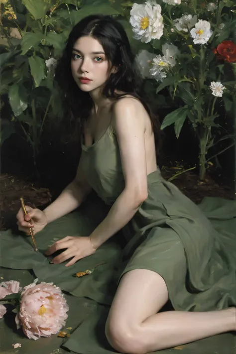 (oil painting:1.5),
\\
a woman with (long curtly hair ), ((green eyes)) is lie on the ground, peony, (amy sol:0.248), nude , with  dress,  (stanley artgerm lau:0.106), (a detailed painting:0.353), (gothic art:0.106)