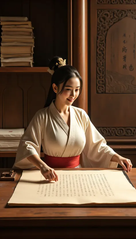 **Prompt:** Create a hyper-realistic ultra-wide illustration that encapsulates a prehistoric Chinese female publisher deeply engaged in her craft, operating a large wooden printing stamp press folding board on a pristine sheet of ancient paper. This compos...