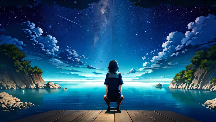 超high image quality, high image quality, high quality ,壮観なscenery,octans, null, 満天の星null, scenery, 星null, night , 1 girl, night null, shooting star, the Milky Way galaxy covers the entire sky, 海に夜nullが映っている,is sitting, tree, long hair, si...