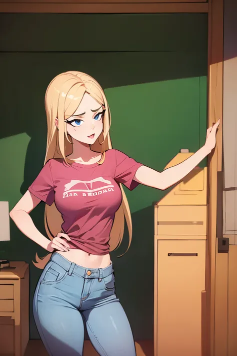   A 20-year-old girl, long straight blonde hair, A short sleeve pink t-shirt she is standing looking curiously.