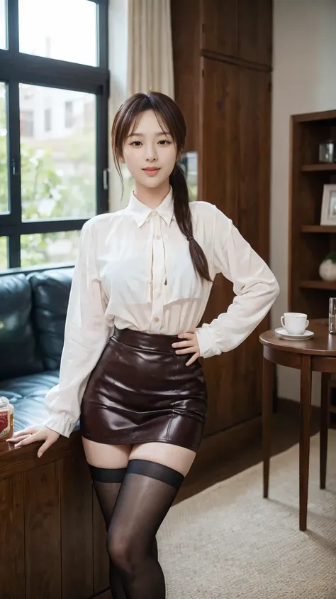 8k HD，The composition is a Jiugong grid，The good-looking sister stands in a cozy living room。Her pink shoulder bag The hip skirt and black stockings will show off the perfect figure。My sister wears a high ponytail，with light air bangs on her forehead， face...