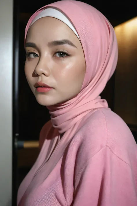(Super Detail:1.2), (Close-up Portrait Picture), ((Pink Lips)), Coats Medium body portrait, ((Hijab Stylish)), HALIMAH'S (MOTHER IS 85 YEARS OLD) HER BODY IS VERY FAT & NUDE AT A DARK NIGHT PLACE, Ultra High Res. realistic: 1.4, UHD, lace , very flat chest...