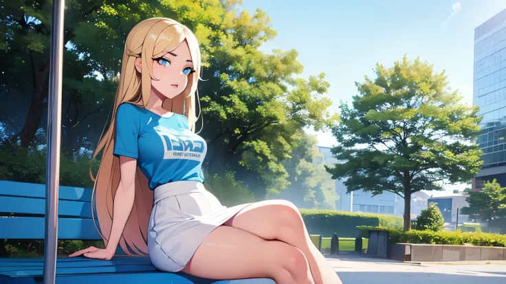   A 20-year-old girl, long straight blonde hair, a light blue t-shirt and a white skirt, She is sitting on a bench in the city, full body.