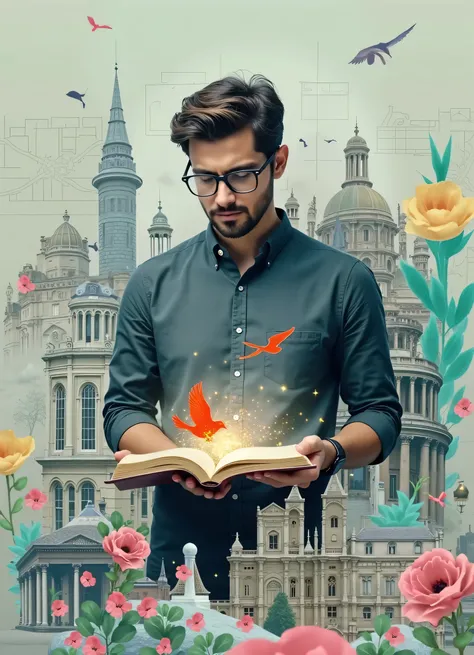 "A wide shot, cinematic, photorealistic image in the style of a Fujifilm XT3 RAW photo (85mm, f/1.2, HDR) depicting a man in his late twenties with medium white skin, dark brown wavy hair, a short well-groomed beard, and dark-framed glasses. He wears a dar...