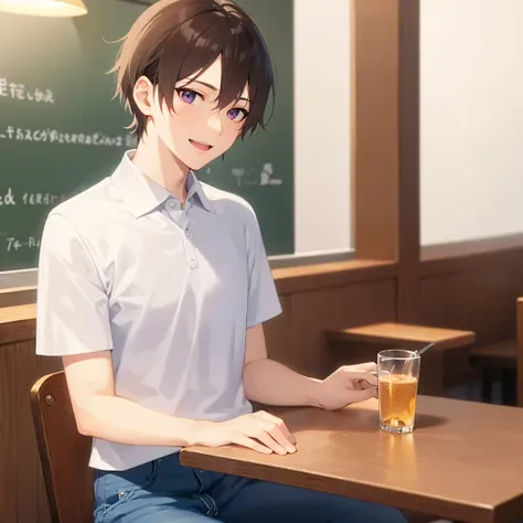 sitting, table, masterpiece, best quality, Japanese manga style, upper body, (25 year old male: 1.5) and (short light brown hair) and (purple eyes), BREAK (white polo shirt) and (jeans) BREAK, smile, open mouth, Inside the cafe, alone,
