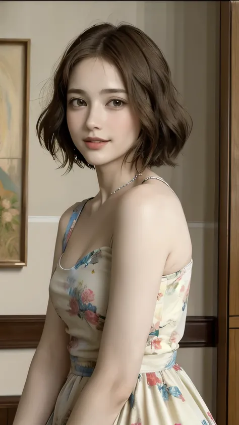 362 (20 year old female),(short hair), ( High Definition Photos ), (gentle smile), (colorful floral dress), (Leonardo da Vinci Paintings)