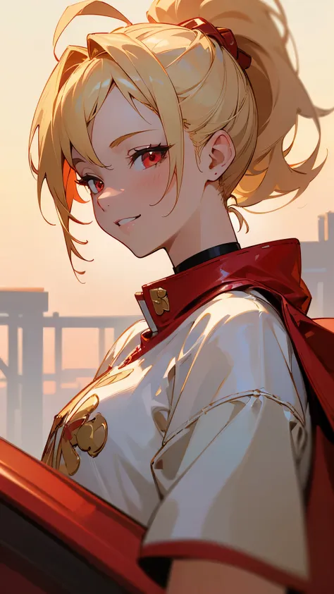 (masterpiece、Highest quality)、 fine details、8k、sharp focus、(Bokeh) (Highest quality) (Exquisite Skin:1.3) ( fine details) (8k) (Detailed) ( anime)、blonde ponytail、stupid hair、 beautiful red eyes 、smile、white t-shirt、Red leather rider jacket、 from side、uppe...