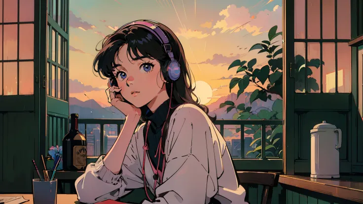  animeの girls on the leftが床に座って窓から街を見ている,  anime aesthetic,  anime vibes,  LOFI ART STYLE , Lo-Fi Portrait by Window, Watching the sunset.  anime, 高貴な girls on the left,  anime art wallpaper 4 k,  anime art wallpaper 4k,  anime art wallpaper 8 k,  anime ba...