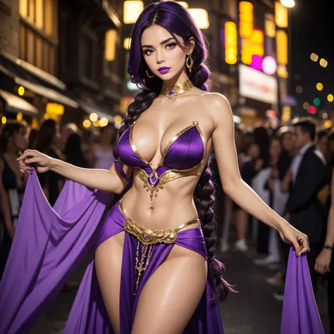 (only1woman:1.5), Caucasian woman, Western woman, toned body, round and firm breasts, long purple hair, hair in a single braid, purple eyebrows, purple eyes, purple lipstick, revealing Brazilian carnival costume, purple costume with gold details, body-reve...