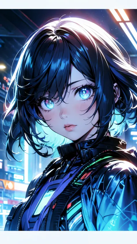 glowing eyes, colourful glowing hair, wearing sci-fi jacket, anime style, high detail, Futurism, glowing light, UHD, retina, masterpiece, ccurate, anatomically correct, textured skin, super detail, high details, high quality, award winning, best quality, h...