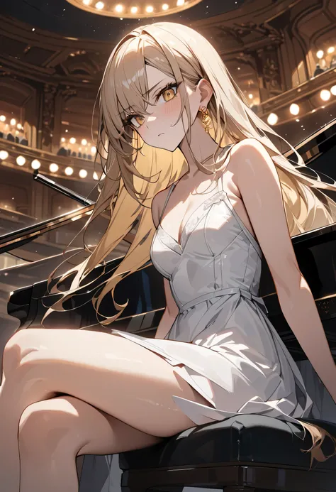 ((Greatest Masterpiece,Ultra High Quality:1.2)),(super resolution),(solo),opera house,Slender high school girl sitting on a chair and playing a grand piano on stage,beautiful faces, long golden hair,perfect golden eyes, serious expression,High quality whit...