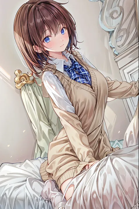 masterpiece, Highest quality,
 kd_ vn style
2 girls have 
"On the back", bed,  bedroom
kissing,  school uniform, White collar shirt,  take off clothes , sweater vest,