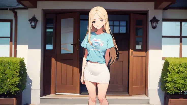   A 20-year-old girl, long straight blonde hair, a light blue t-shirt and a white skirt, She is standing at the front door of a house, full body.