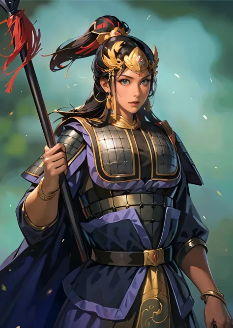 (((Maintain color ))), ((( picture style maintenance ))), ((Maintain the composition)),  attractive woman , perfect face, ((black eyes)), (( black hair)), (big boobs), ((Beautiful woman with her chest valley exposed)), Chinese Armor , Woman holding a spear...