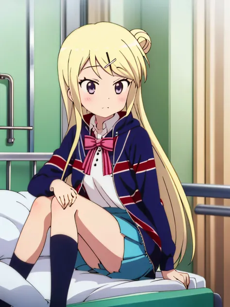 A girl in an unwell miniskirt sitting on a bed in the infirmary, 1girl ,KUJO KAREN UNION JACK JACKET, STRIPED BOW, WHITE SHIRT, LONG SLEEVES, PLEATED SKIRT, BLUE SKIRT, KNEEHIGHS,
