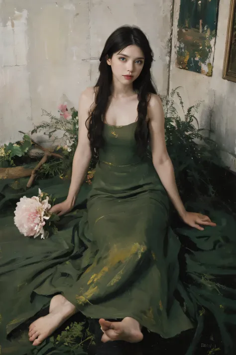 (oil painting:1.5),
\\
a woman with (long curtly hair ), ((green eyes)) is lie on the ground, peony, (amy sol:0.248), nude , with  dress,  (stanley artgerm lau:0.106), (a detailed painting:0.353), (gothic art:0.106)