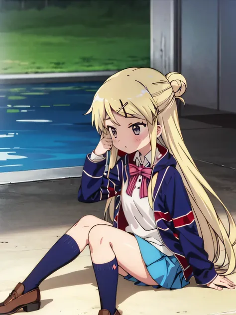 1girl with thick thighs in a miniskirt sitting poolside solo KUJO KAREN UNION JACK JACKET, STRIPED BOW, WHITE SHIRT, LONG SLEEVES, PLEATED SKIRT, BLUE SKIRT, KNEEHIGHS Loss of Appetite 、nausea、Karen's face, knees, and thick thighs