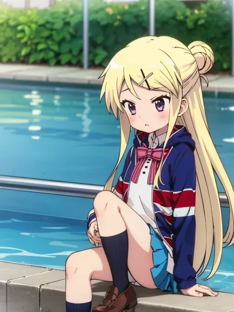 1girl with thick thighs in a miniskirt sitting poolside solo KUJO KAREN UNION JACK JACKET, STRIPED BOW, WHITE SHIRT, LONG SLEEVES, PLEATED SKIRT, BLUE SKIRT, KNEEHIGHS Loss of Appetite 、nausea、Karen's face, knees, and thick thighs