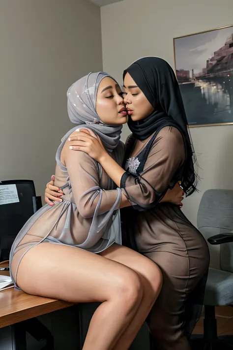 A romantic couple in a hug and kissing, featuring a young Indonesian woman in a grey hijab long pashmina, super transparent robe floral gamis, unbuttoned loose opened clothes, slightly chubby, sitting on the lap of a stylish man in a nude body, in the midd...