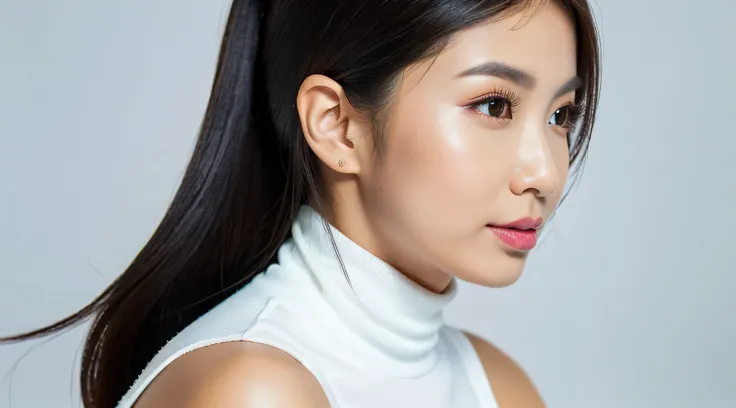 ((detailed face,best quality, 8k, masterpiece:1.3,high resolution,Machine woman )),asian cute woman with Perfect Figure, Vivid, white modern sleeveless turtleneck ,studio background,long black hair,photography,