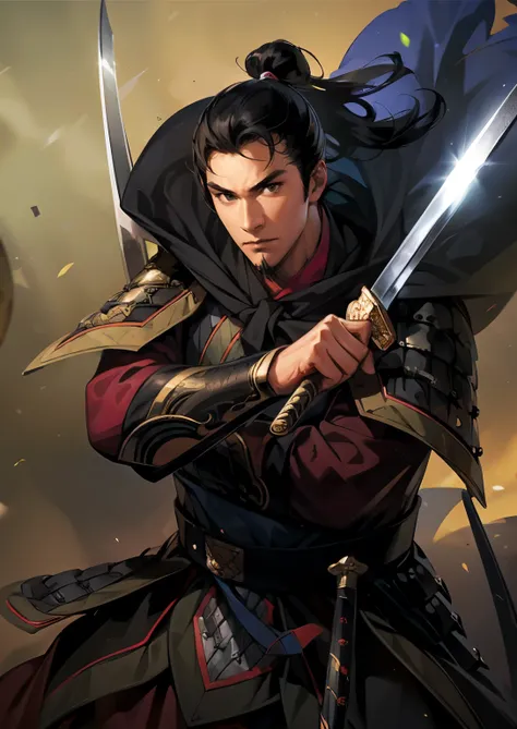 (((Maintain color ))), ((( picture style maintenance ))), ((Maintain the composition)),  Attractive Man , perfect face, ((black eyes)), (( black hair)), Man wielding a sword, warrior