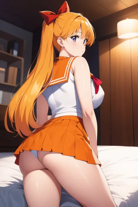 Aino Minako，Minako Aino，Sailor suit, white top, sleeveless,  orange necklace, golden hair, perfect figure, long gloves, back to the camera, looking back, hands on the table, leaning forward, buttocks raised, revealing white underwear, orange short skirt, u...