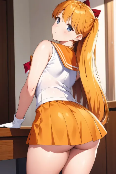 Aino Minako，Minako Aino，Sailor suit, white top, sleeveless,  orange necklace, golden hair, perfect figure, long gloves, back to the camera, looking back, hands on the table, leaning forward, buttocks raised, revealing white underwear, orange short skirt, u...