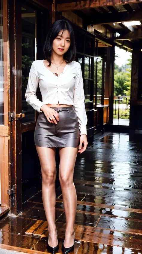 (Photorealistic), (full body shot:1.4) 、35 year old single Japanese woman，off-white translucent blouse，off-white micro miniskirt、coffee colored pantyhose、black hair medium bob cut that shows through bare skin, small white leather bag，white enamel pointed t...