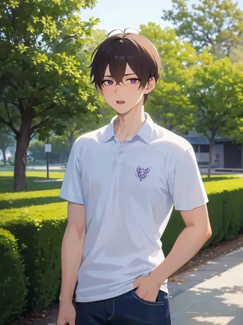 standing, side angle, masterpiece, best quality, Japanese manga style, upper body, (25 year old male: 1.5) and (short light brown hair) and (purple eyes), BREAK (white polo shirt) and (jeans) BREAK, (worried:1.3), open mouth, In the park, alone,
