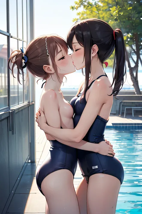 2girls, (yuri:1.5),(kiss:1.5), (hugging from behind:1.5), (grabbing:1.5), (closed eyes:1.5), (eye contact:1.5),
((((Petite:1.8)))),(verysmall breasts:1.5),,,,,,(smile:1.0),(school swimsuit:1.5),(topless:1.5),,pool,nsfw,
