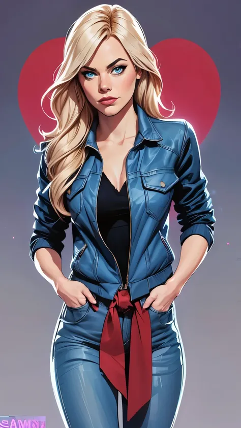 (cartoon style:1.2), cartoon comics style 1.2,Stuning artistic pin-up Emma stone very very beautiful very sexy is Gwen stacy, Beautiful skin, blue eyes, very beautiful glamorous and elegant jacket very low-cut, very beautiful very generous chest, blue deni...