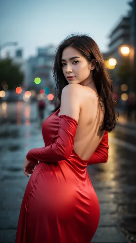 1girl,solo,long hair,Rough skin,from back,face focus,(looking at viewer:1.2),wet hair,dark,polaroid,(depth_of_field:1.5),rainy days,outdoors,street,hair between eyes,moody lighting,Tyndall effect,Cinematic Lighting,night,lamppost,lens flare,available light...