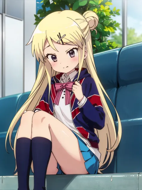 1girl with thick thighs in a miniskirt sitting poolside solo KUJO KAREN UNION JACK JACKET, STRIPED BOW, WHITE SHIRT, LONG SLEEVES, PLEATED SKIRT, BLUE SKIRT, KNEEHIGHS Loss of Appetite 、nausea、Karen's face, knees, and thick thighs