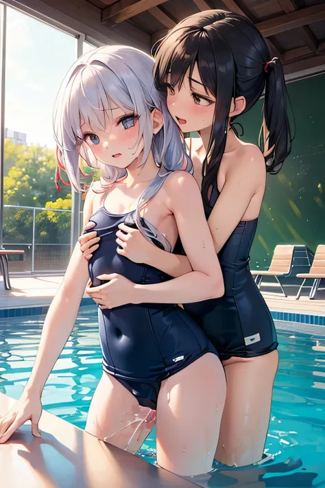 2girls, (yuri:1.5),(sex:1.6),, (ecstasy:1.5),((((Petite:1.8)))),(verysmall breasts:1.5),,,,,,(school swimsuit:1.5),(topless:1.5),,pool,nsfw,
