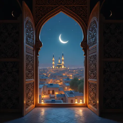 "An enchanting inside view of an intricately designed Arabian arch window, framed with ornate patterns and delicate carvings. The window opens to a breathtaking scene of a picturesque Islamic village at night, illuminated by the soft glow of lanterns and w...