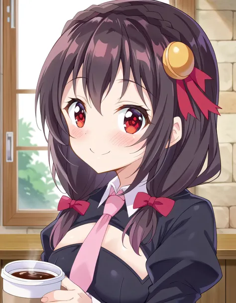 high image quality,high quality、 
Yunyun、 black hair, HAIR ACCESSORY, red eyes,   Long Sleeve, tie,   Outfit Cutout, clevage cutout, pink tie、 view viewer、(blush)、(happy smile)、(Cafe)、eye in a strawberry field、(I have a coffee cup:1.3)、 upper body only、 vi...