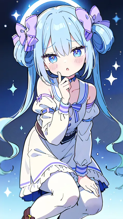 1 girl, best quality, squatting, white pantyhose, white panty, White blouse, Frills, Flat Chest, long hair, blue eyes, double bun, purple bow, Blue Hair, Twin tails, Hair between the eyes, hair bow, eyebrows visible through hair, blush