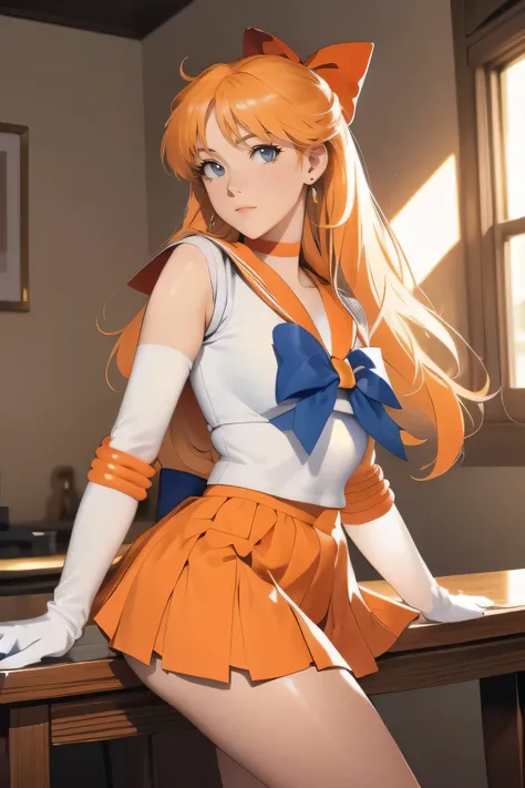 Aino Minako,Minako Aino,Sailor suit, white top, sleeveless, orange necklace, golden hair, perfect figure, long gloves, long sleeve cover, back to the camera, looking back, hands on the table, leaning forward, lying on the table, buttocks lifted, revealing...